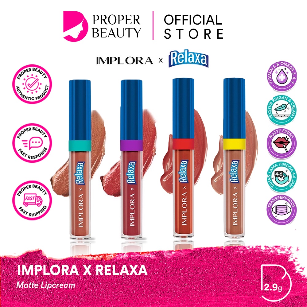 IMPLORA X RELAXA Matte Lipcream Indonesia / Limited Edition 2.9g / Lip Cream Lipstick Lipstik Lips Gincu Bibir / Barley Grape Series 1 Set Paket Lengkap / Cosmetic Makeup Tint Velvet Crayon Satin Gloss Glossy Stain Balm Plumper Serum / Urban Cheek Jelly