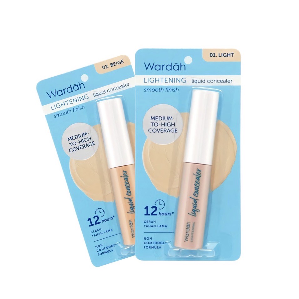 WARDAH Lightening Liquid Concealer Indonesia / 7g Smooth Finish Medium To High Coverage 12 Hours / Cerah Tahan Lama Non Comedogenic Formula Shade Light Beige Natural / Cosmetic Makeup Face Make Up / Compact Loose Powder Foundation BB Cream Bedak / Series