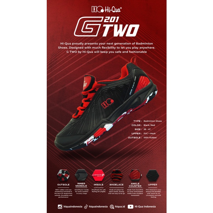 Sepatu Badminton HI-QUA G TWO 201 / HIQUA GTWO-201 ORIGINAL