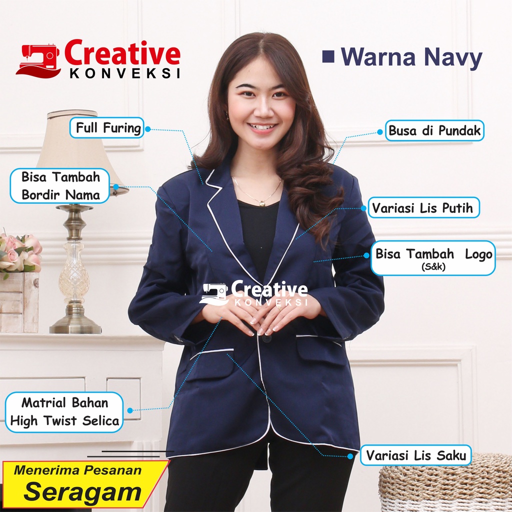 (BIG PROMO) Blazer Jas Almamater navy biru dongker lis putih / JAS OSIS / BLAZER Full Puring / Jas Mahasiswa warna navy bisa tambah bordir / jas osis blazer pesantren / almamater list putih