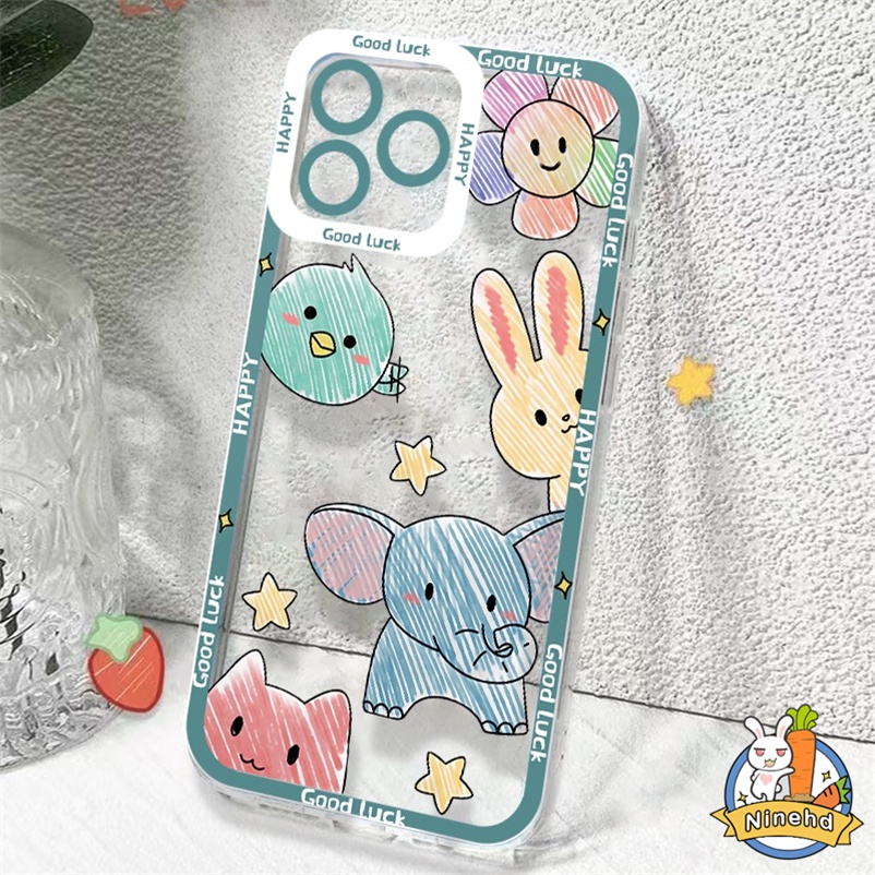 Casing Compatible for Iphone 14 13 12 11 Pro Max Xr Xs Max 7 8 Plus SE 2020 Gambar Kartun Lucu Cute Happy Cartoon Animal Four-corner Anti-drop Anti-dirty Soft  TPU Phone Case