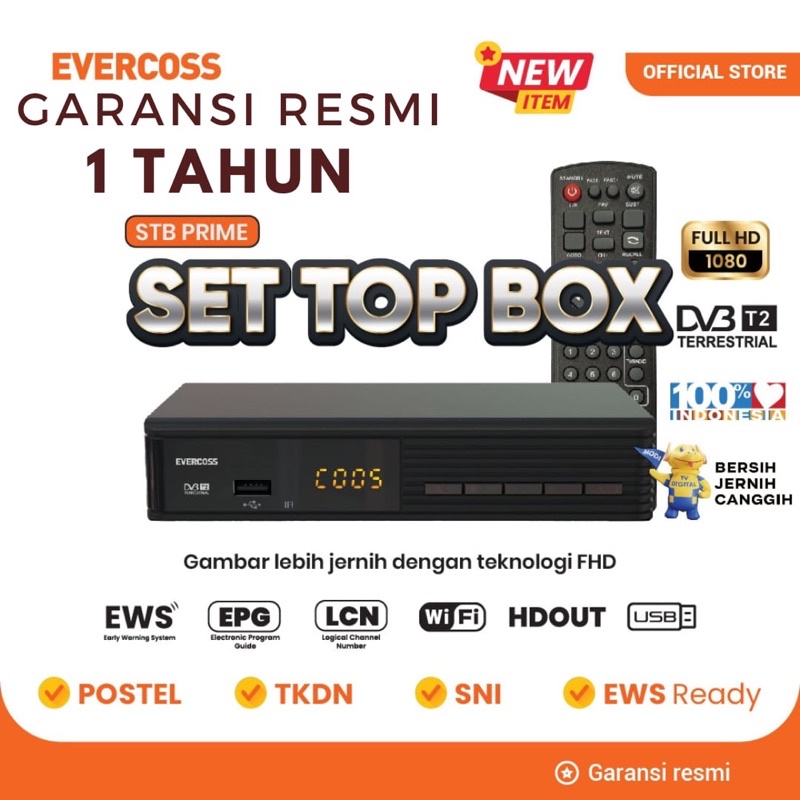 Terlaris No 1 EVERCOSS PRIME FREEBOX HUANGMI SET TOP BOX DVB-T2 PENERIMA SIARAN TELEVISI DIGITAL YOUTUBE WIFI