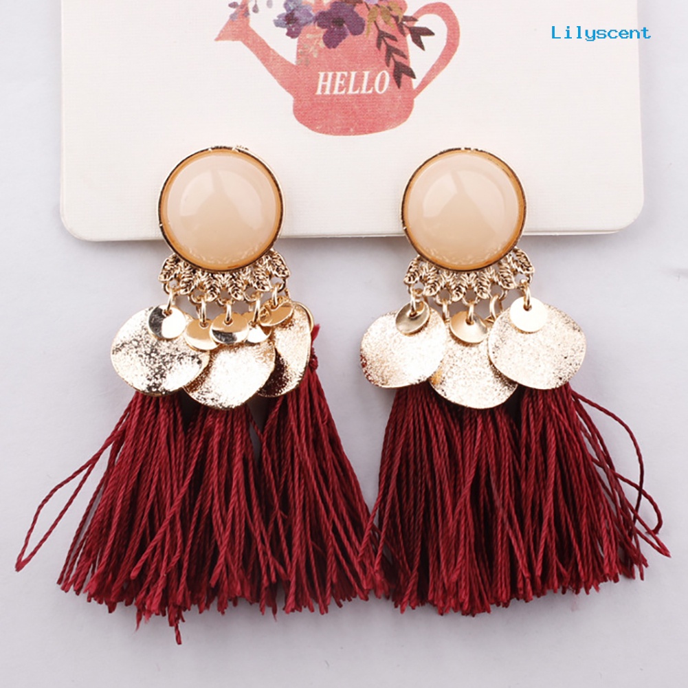 [LS] 1pasang Wanita Bohemian Jumbai Sequin Ear Stud Menjuntai Anting Perhiasan Perjamuan