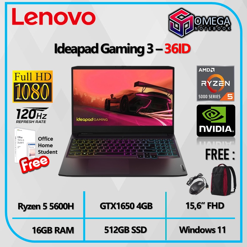 LENOVO IDEAPAD GAMING 3 15 - AMD RYZEN 5 5600H 16GB 512GB SSD GTX1650 4GB Win11+OHS 15.6&quot; FHD IPS 120HZ 2YEAR ADP