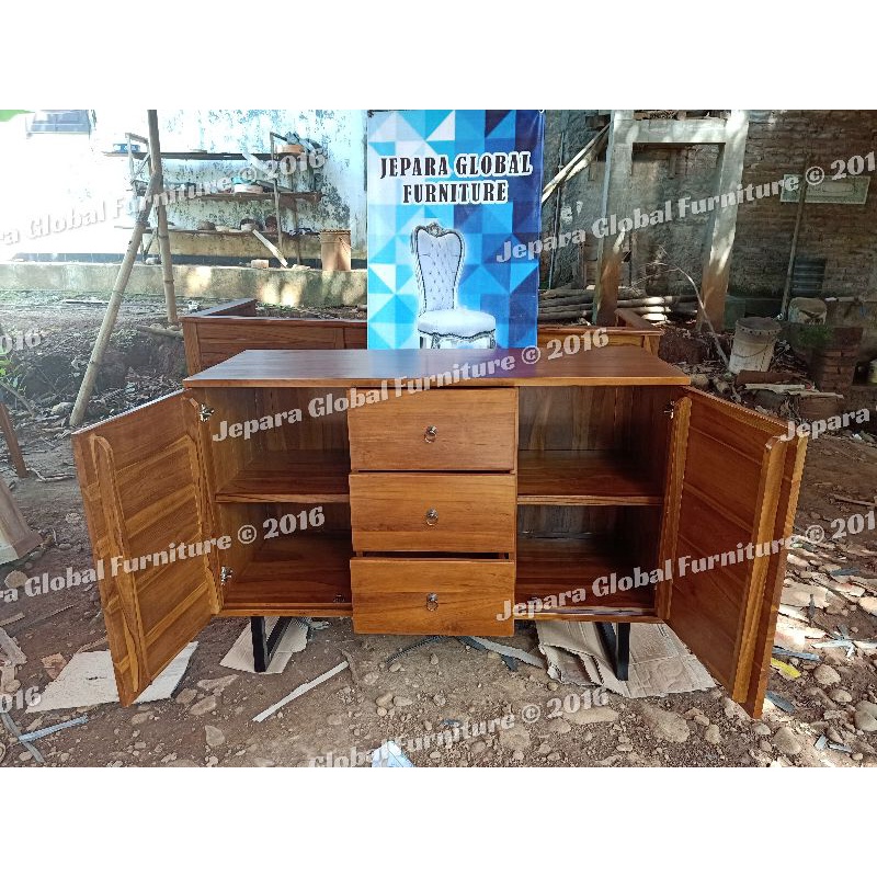 bufet cabinet laci 3 kaki besi solid (nakas jati laci ,nakas jati murah,bufet laci ,bufet retro jati