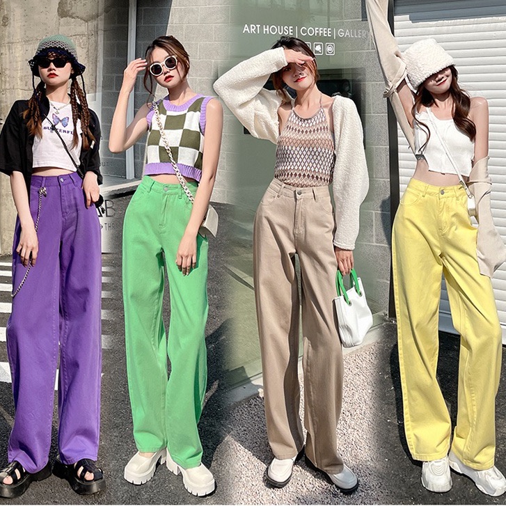 Celana jeans kaki lebar pinggang tinggi wanita gaya baru ramping dan longgar