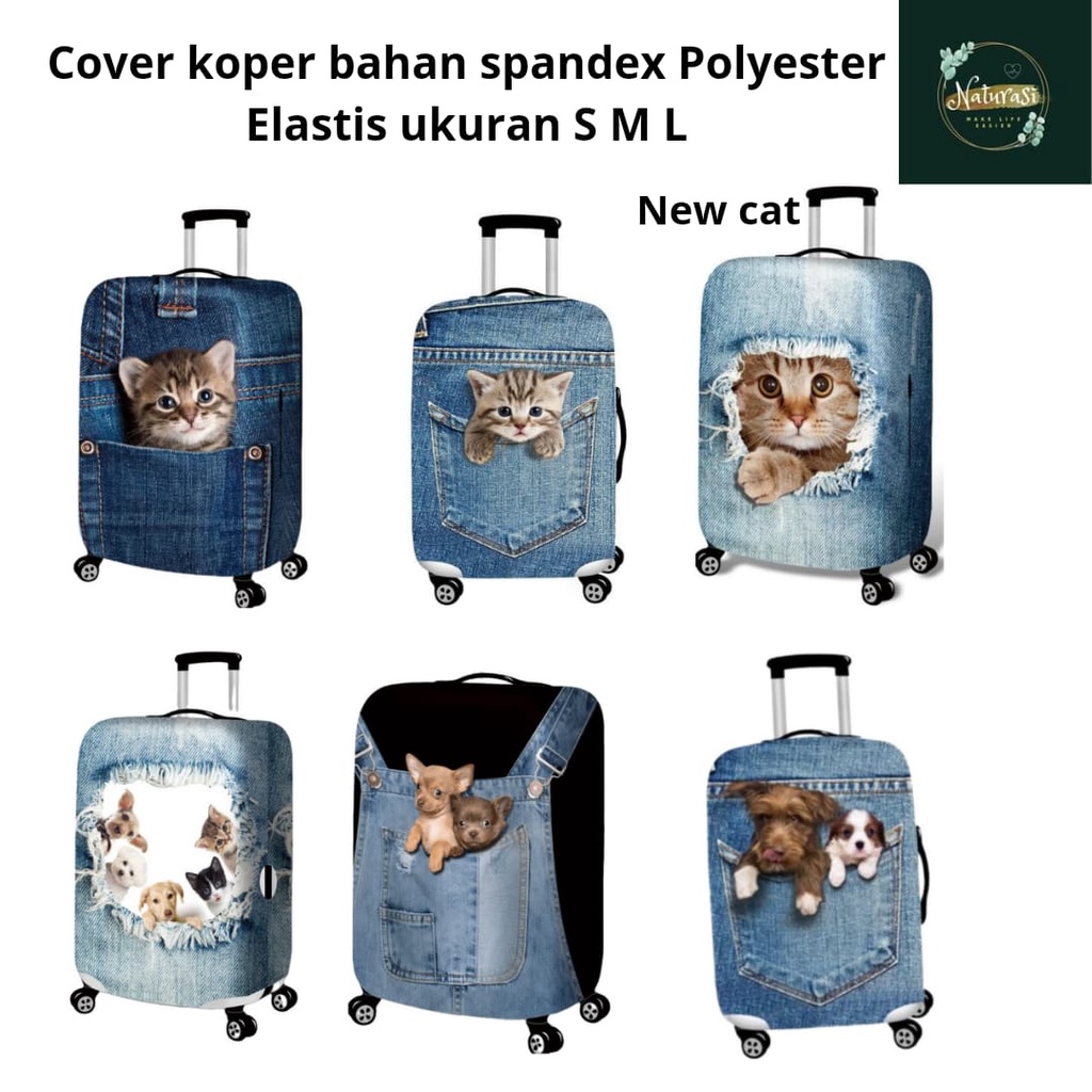 Luggage cover koper motif anjing kucing lucu bahan spandex elastis pelindung koper UK. S M L