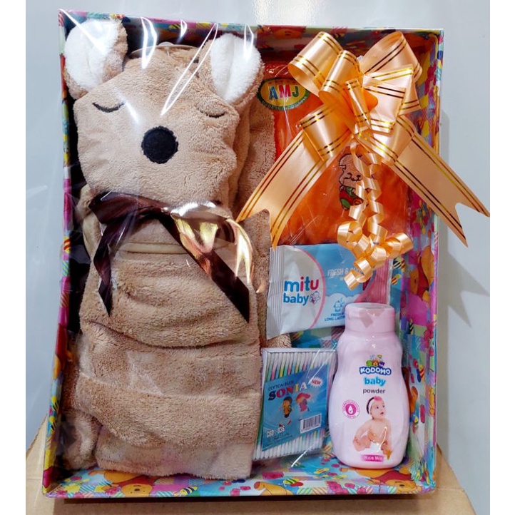 Hampers Kado bayi baru lahir set perlengkapan Mandi Bayi Handuk Karakter dan Baju bayi Tisu Bedak