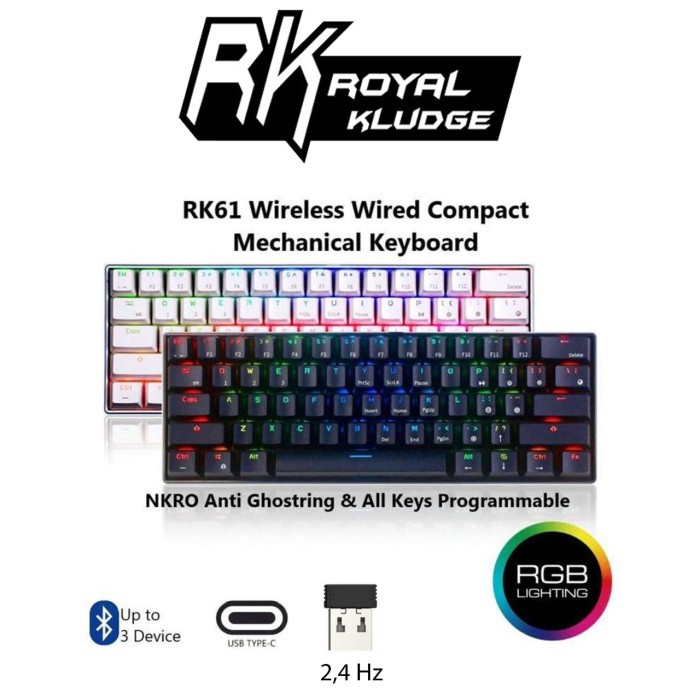 Royal Kludge RK61 3 Mode RGB Gaming Keyboard / RK-61