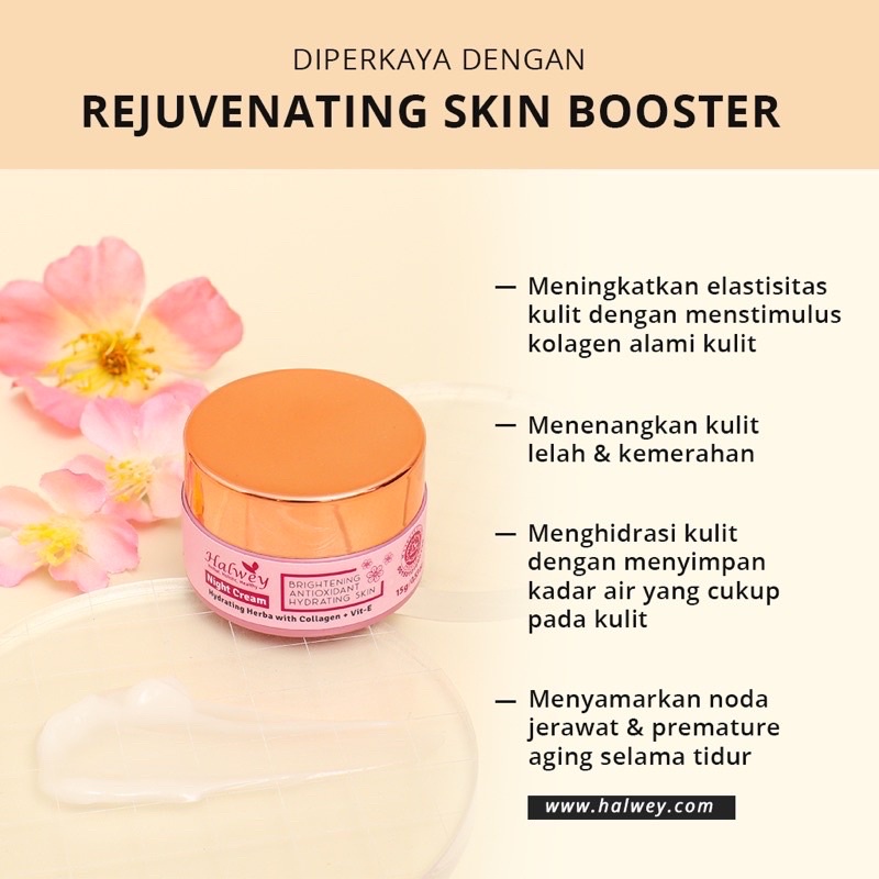 HALWEY SKINCARE  INDONESIA KRIM MALAM | NIGHT CREAM  HYDRATING HERBA WITH COLLAGEN + VIT E , 15 g OFFICIAL SHOP ORIGINALr