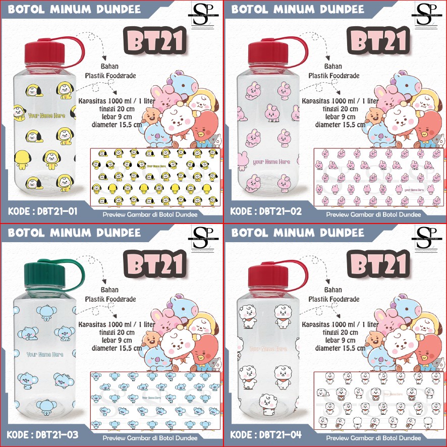 Botol Minum Plastik 1 Liter BT21 BPA Free Custom Nama