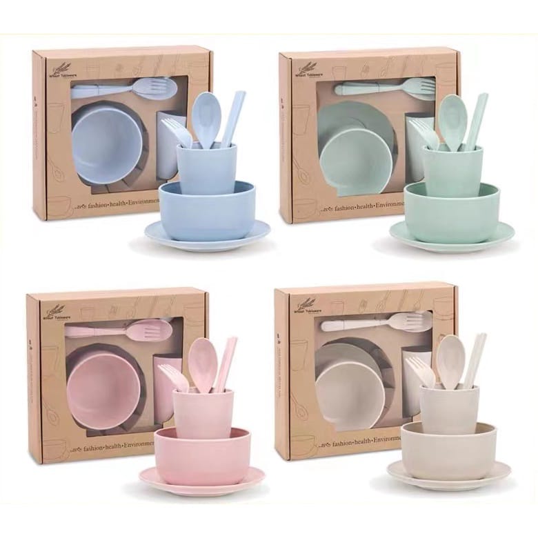 PGandum 6 Pcs Peralatan Makan Set Mangkuk Piring Sendok Peralatan Piring Makan Keluarga