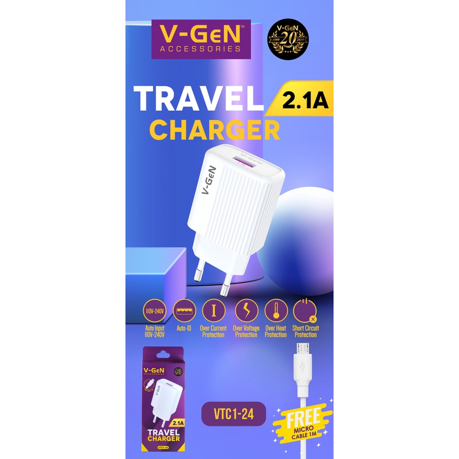 Adaptor Charger V-GeN VTC1-24 2.1A Travel Charger VGEN