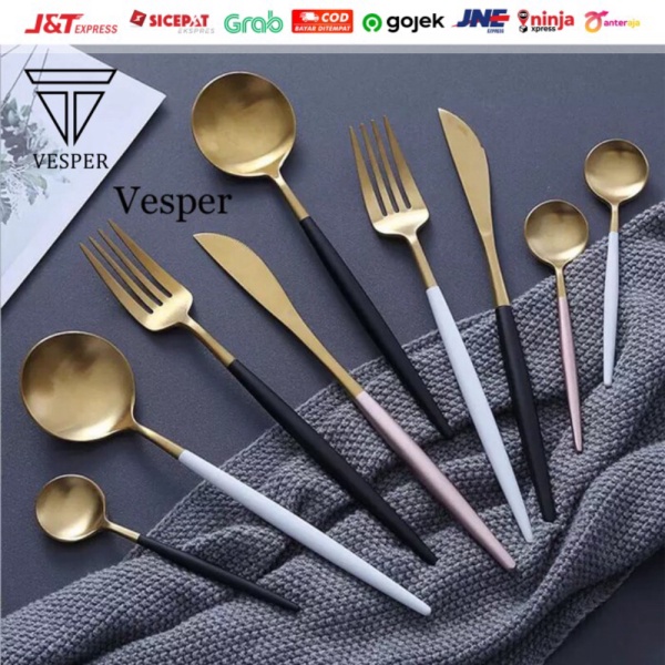 

Promo Sendok garpu western cutlery set / sendok garpu pisau eropa gold black - Black Diskon