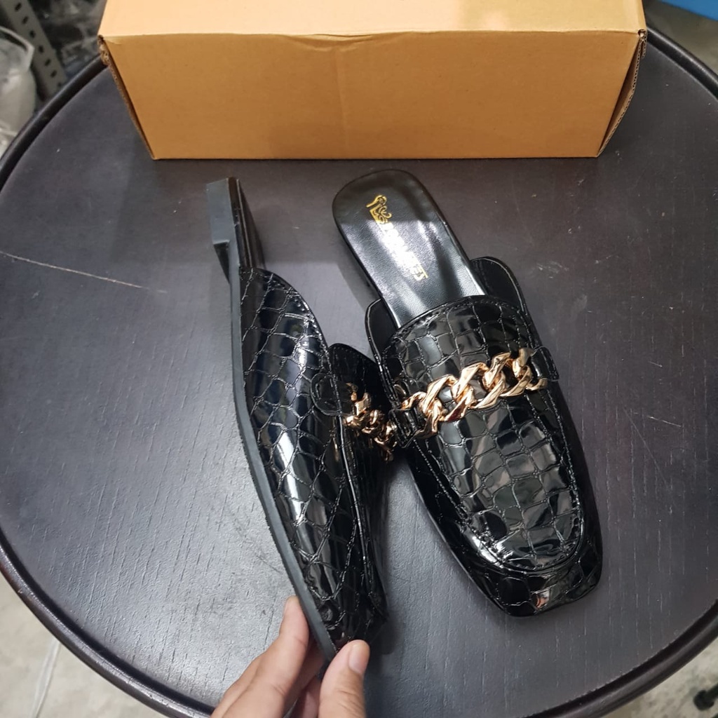 [✅BISA COD] 0291 RETRO CHAIN CROCO LEATHER SLIP ON (REAL PICTURE)