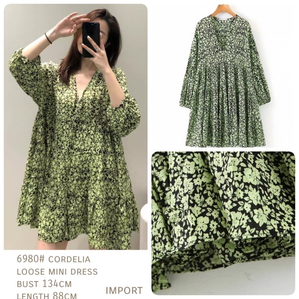 Mini Dress Jumbo Bunga Lengan Panjang Fashion Wanita Import