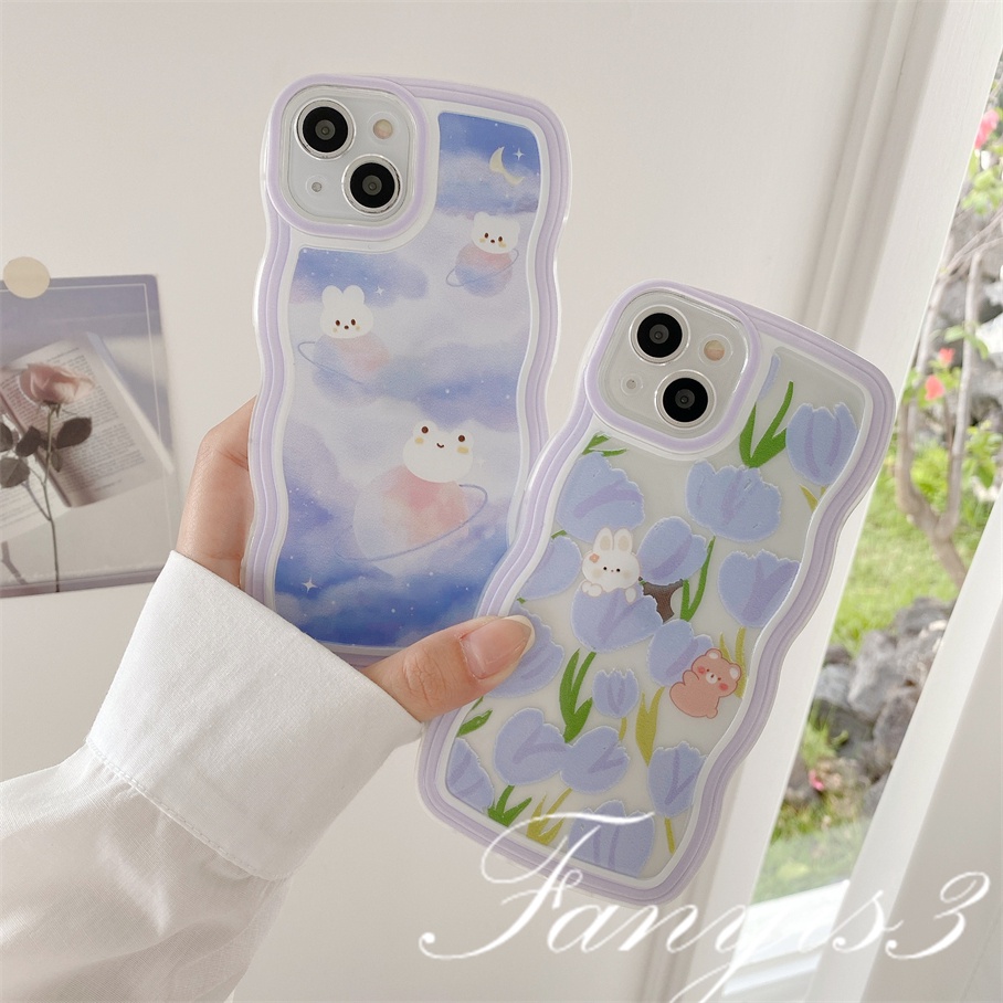 Compatible For iPhone 14 13 12 11 Pro Max X XR Xs Max 8 7 6 6s Plus SE 2020 Kompatibel Untuk Tulip Kelinci Beruang Gelombang Frame Phone Case TPU Soft Cover