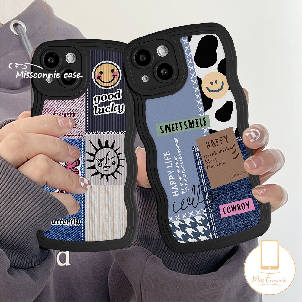 IPHONE Casing Soft Wavy Edge Case Kompatibel Untuk Iphone14 11 13 12 Pro Max6 6s 8 7 Plus XR 14Plus X XS Max SE 2020 Motif Kupu-Kupu Splicing Smiley Label Case