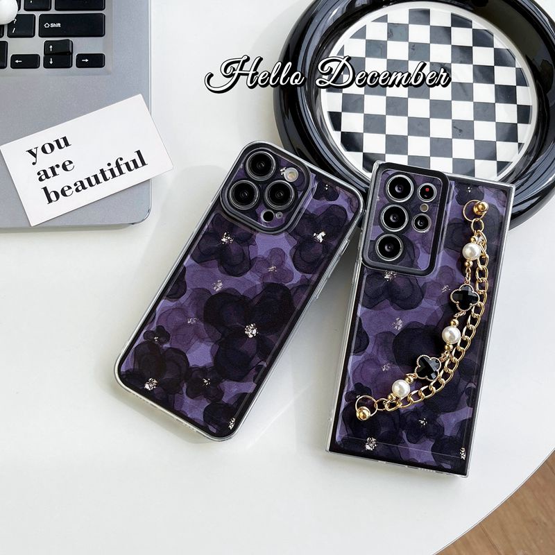 Black Purple Flowers Bracelet Soft Case Samsung Galaxy A30 A20 A50 A30S A50S A20S A11 A31 A51 A71 A12 A22 A02 A02S A32 A52 A13 A23 A33 A53 A72 A73 A03 4G 5G Nice Casing