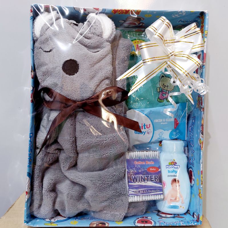 Hampers Kado bayi baru lahir set perlengkapan Mandi Bayi Handuk Karakter dan Baju bayi Tisu Bedak