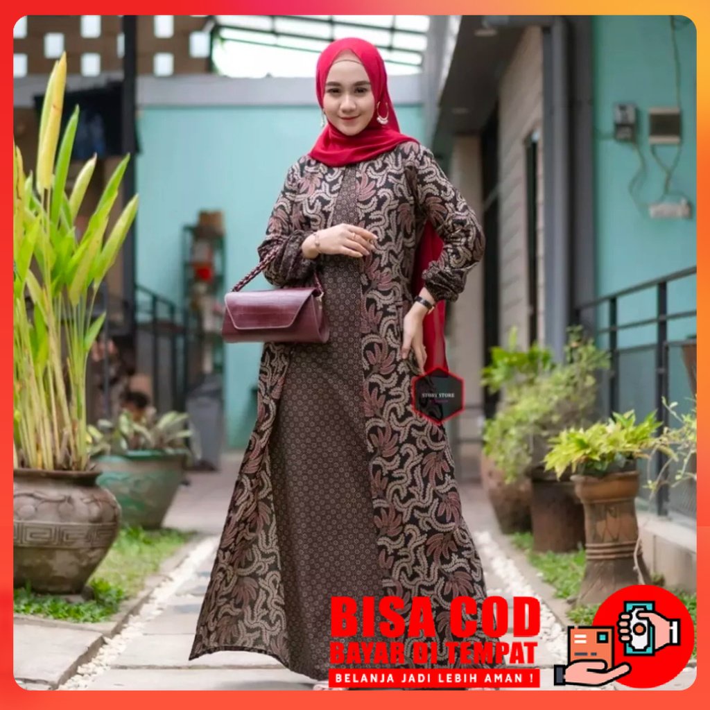 Jerry Store Gamis Batik Wanita Modern Kombinasi Polos Jumbo Lebaran Pekalongan