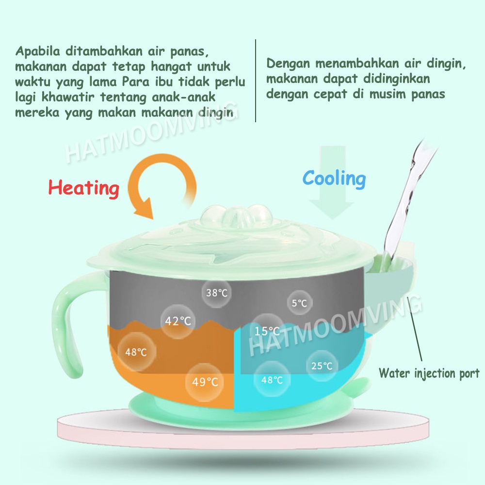Mangkuk terisolasi nasi kartun anak-anak bayi stainless steel dua lapis mangkuk terisolasi bayi dengan pegangan mangkuk makanan pelengkap mangkuk anti jatuh dengan tutup 3 warna