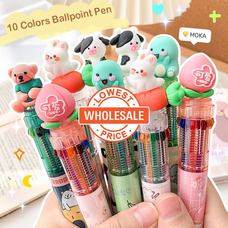 [Grosir] Random Serba 10warna Plastik Kartun Lucu Kawaii Animal Bolpoin Alat Tulis Multi-Warna Press Rollerball Pen Sekolah Perlengkapan Kantor Hadiah Isi Ulang Warna-Warni