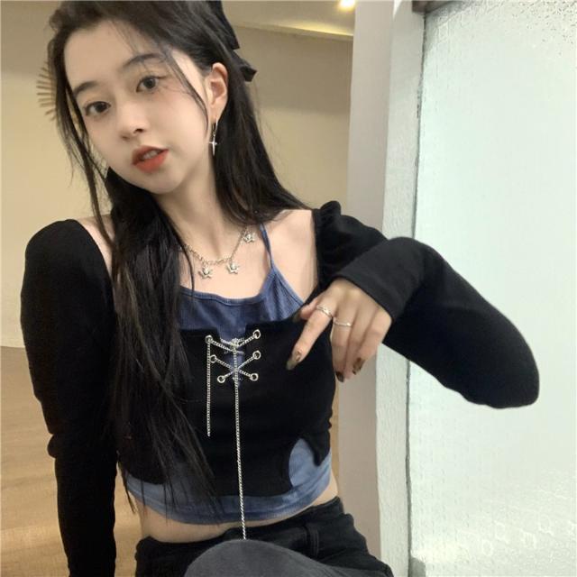 Red Pelajar Gaya Korea Chic Keren Palsu Dua Potong Tie-Dye Rantai Jahitan Top Tie-Dye Halter Leher Off-bahu lengan Panjang T-Shirt Wanita