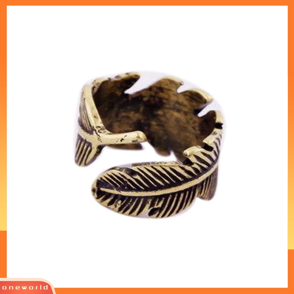 {oneworld} Cincin Terbuka Motif Daun Etsa Bulu Adjustable Bronze Antik Unisex Opening Ring Jewelry Untuk Pesta