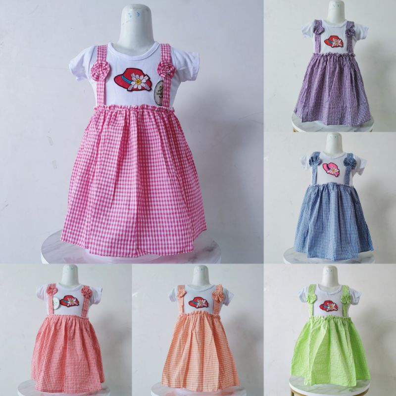 Dress anak  1 2 tahun motif kotak terbaru baju anak cewek perempuan rok viral motif kotak top ( dress kotak TOP )