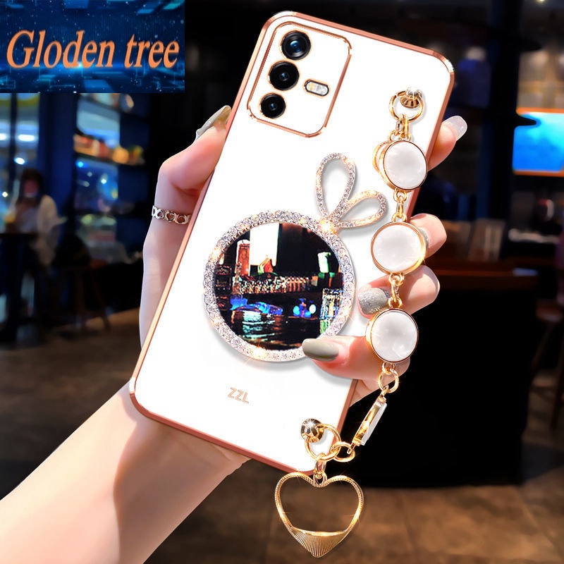 Casing Ponsel Pohon Gloden Untuk Vivo V19 Y73 4G Y72 Y52S Y31S Y7S Y50 Y70S Y97 Z3I Shell Rabbit Vanity Mirror Dengan Gelang Permata