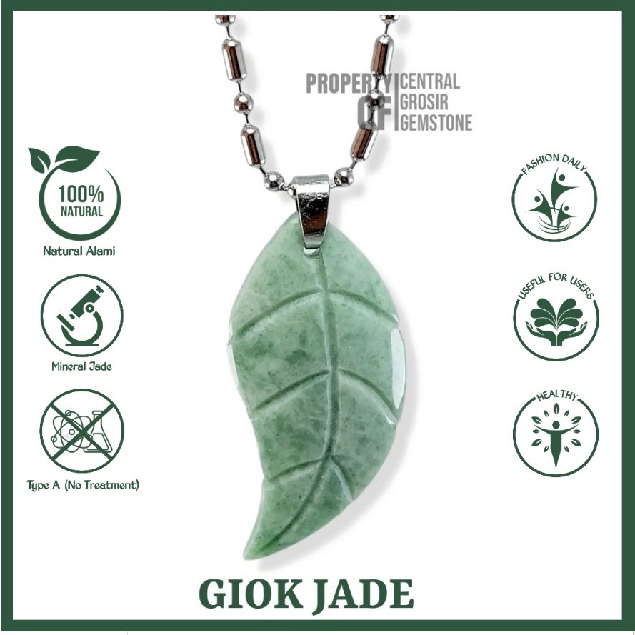 Liontin Giok Hijau Asli Batu Natural Jadeite Jade Model Daun