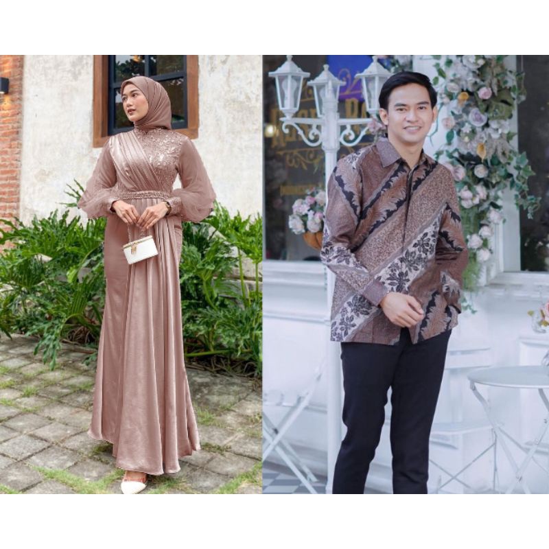 BATIK COUPLE - GAMIS LEBARAN - GAMIS COUPLE KONDANGAN - Gamis Couple Adeeva Dress Kondangan Dan Lebaran Modern Dress Satin Mix Brokat Payet Premium Dress Sarimbit Modern Gamis Couple