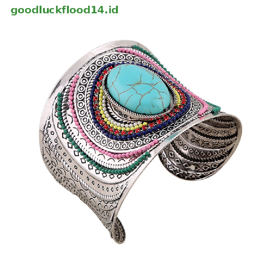 [GOOGFOUR] Bohemian Vintage Tibet Perak Turquoise Wanita Pesona Cuff Bangle Bracelets [Atasan]