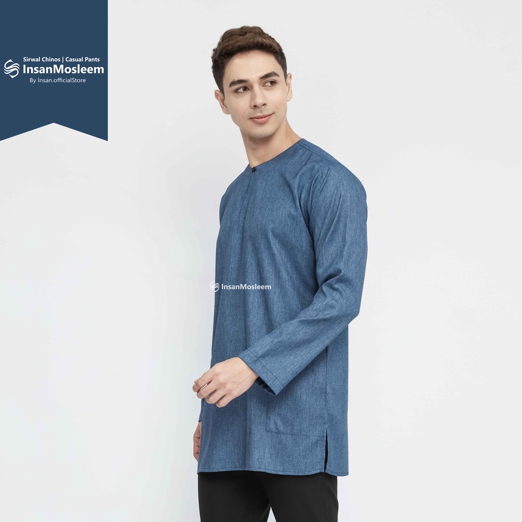 Baju Koko Kurta Pria Denim Blue - Lengan Panjang Katun Madinah Premium Best Seller