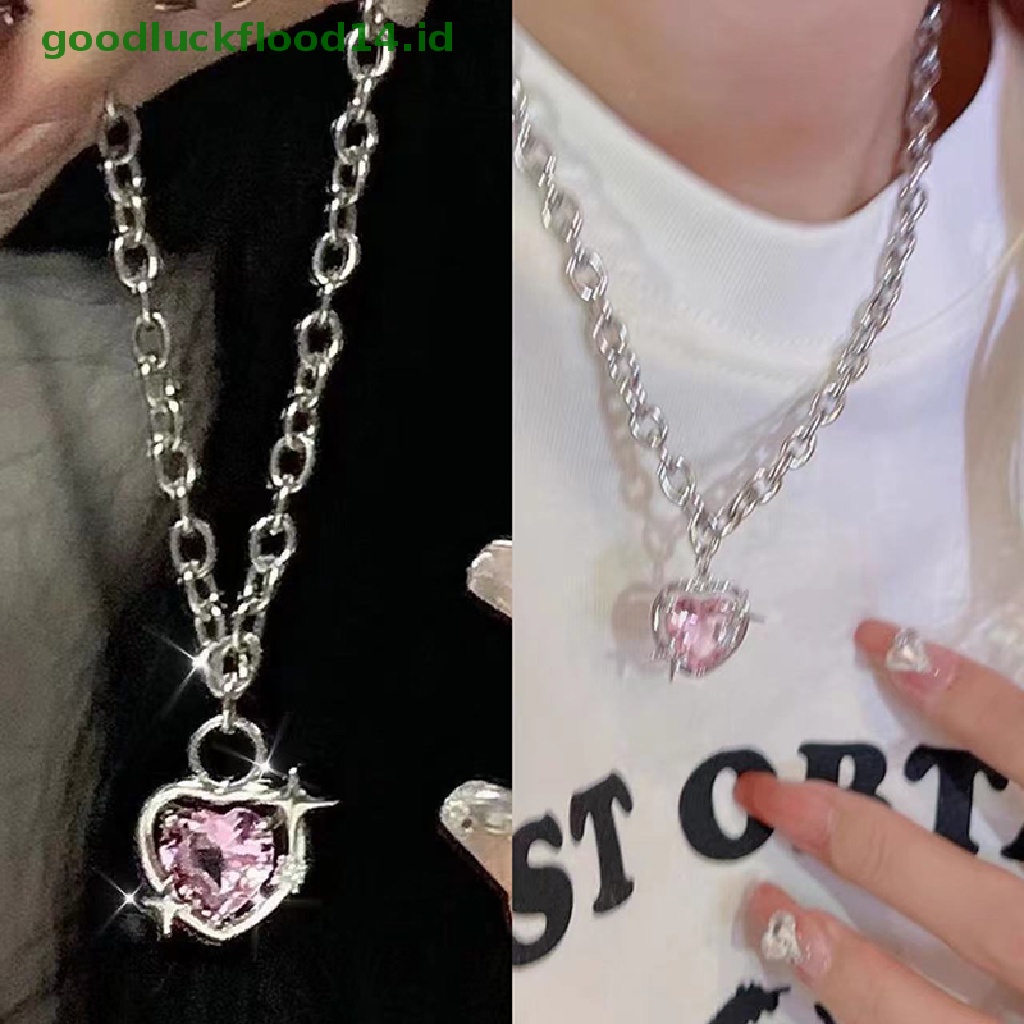 [GOOGFOUR] Fashion Peach Jantung Tetesan Air Liontin Kalung Pink Kristal Egirl Manis Keren Klavikula Rantai Perhiasan Estetik [TOP]