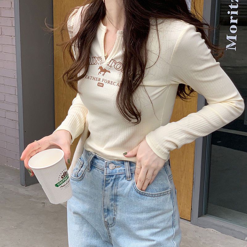 Red Korea INS Musim Gugur Baru Retro Buka V-Leher Benang Printing Slim Fit Slim All-Match Pendek Lengan Panjang T-shirt Wanita