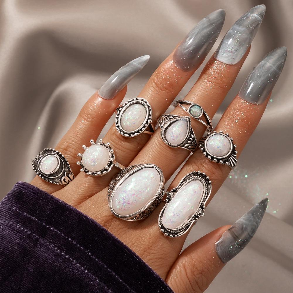 Mxbeauty Cincin Batu Pirus Fashion 8pcs /set Vintage Geometri Fashion Perhiasan Persegi Unisex Moonstone Gaya Korea Ring