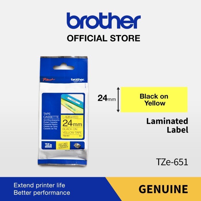 Brother Label Tape TZE-651 24mm x 8m Laminated Black On Yellow TZe651