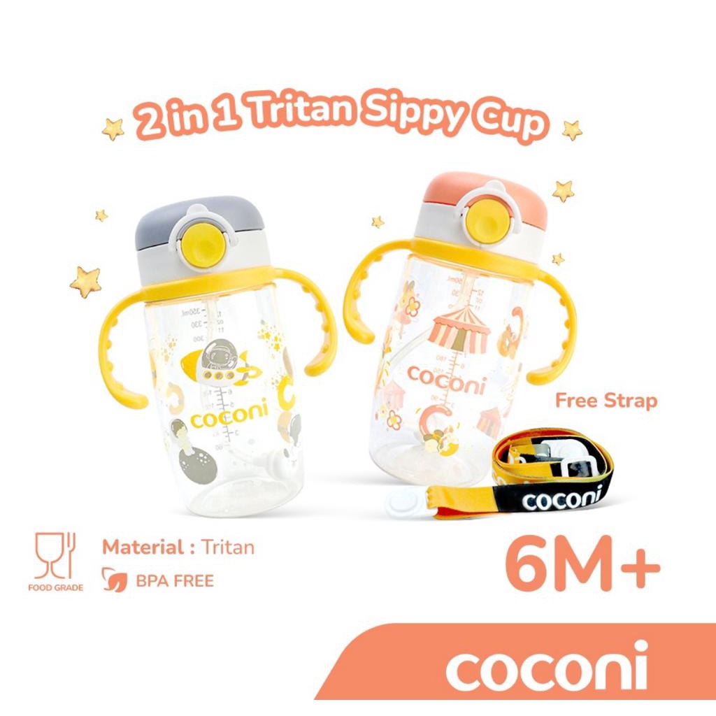 COCONI Tritan Sippy Cup with Strap 350ml | 360 Gravity Straw Baby Water Bottle