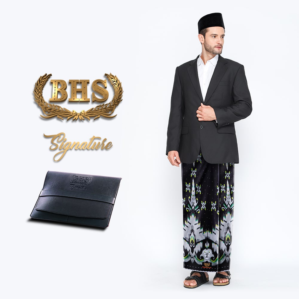 Sarung BHS Signature Gold Motif Kawung Gunung Dua Warna Hitam Hijau