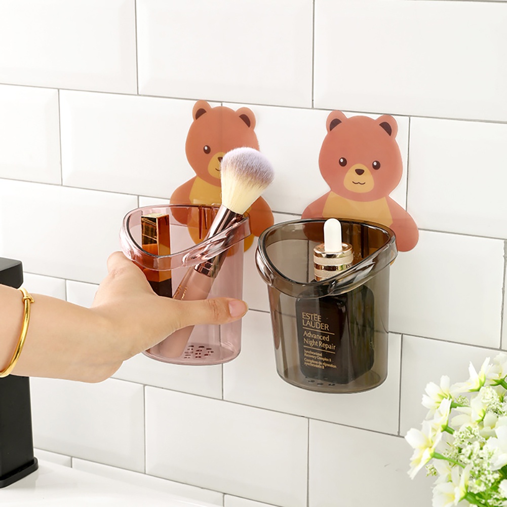 ღ Punch-Gratis Mouthwash Piala Sikat Gigi Rak Dinding Kamar Mandi Kartun Dinding Kotak Penyimpanan Tahan Air Kartun gigi Silinder Rumah Drain Wadah