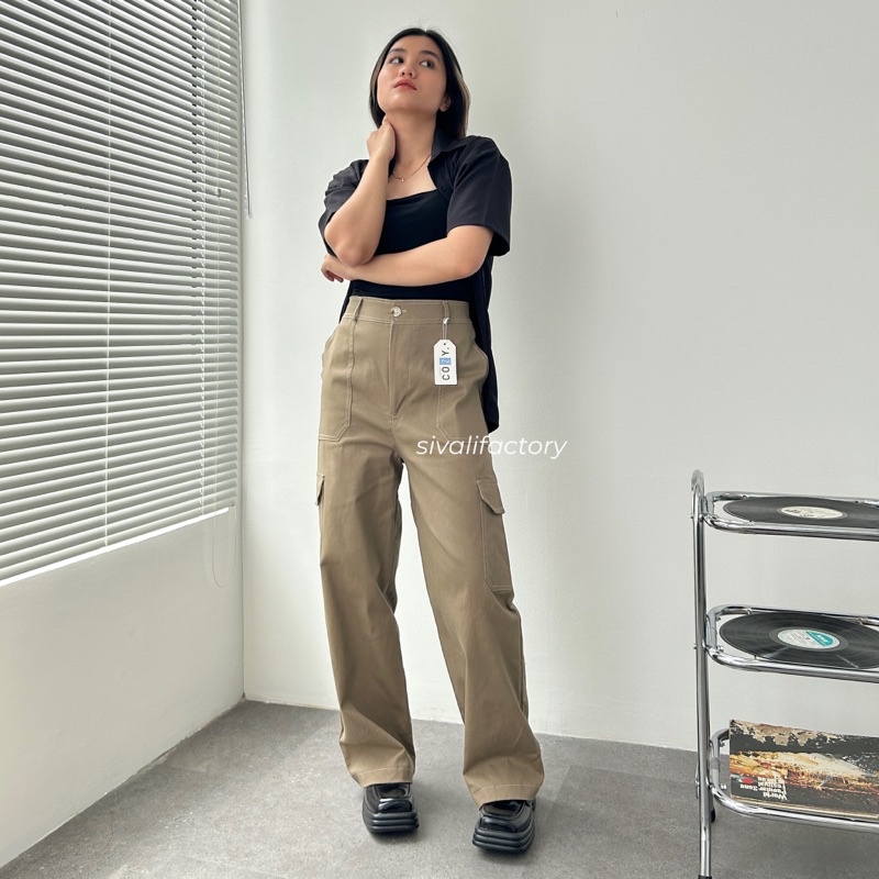 SIVALI Sydney Cargo Pants - Highwaist Loose Cargo - Celana Kargo Wanita - Baggy Pants