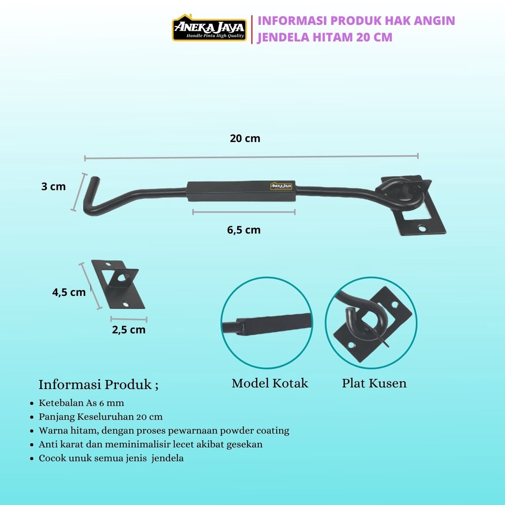 Hak Angin Hitam Doff Model Kotak Minimalis - Panjang 8 inch 20 cm - Penahan Jendela Pintu - Kait Jendela Window Hook