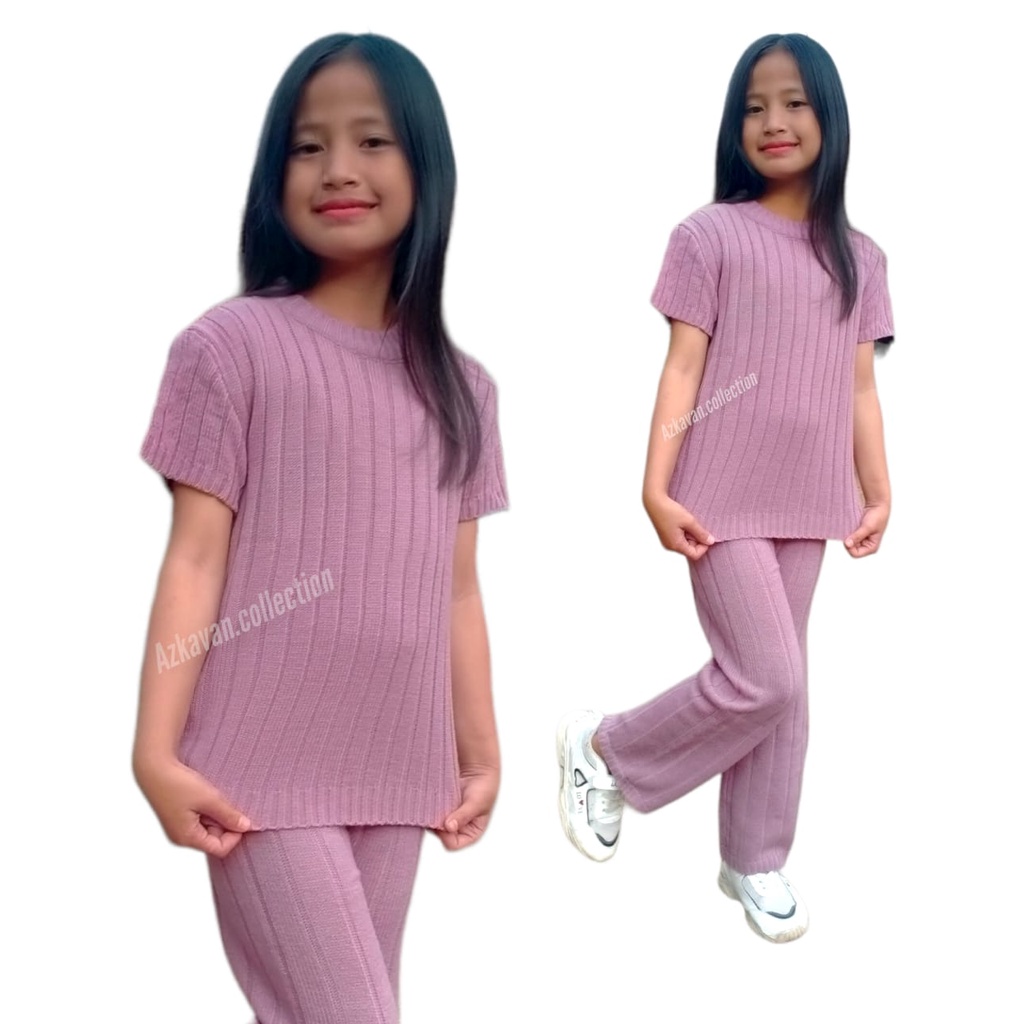 Stelan anak ONE Set blouse salur tangan pendek VS celana kulot Rajut anak umur 4-7-8-9-10  -12 tahun