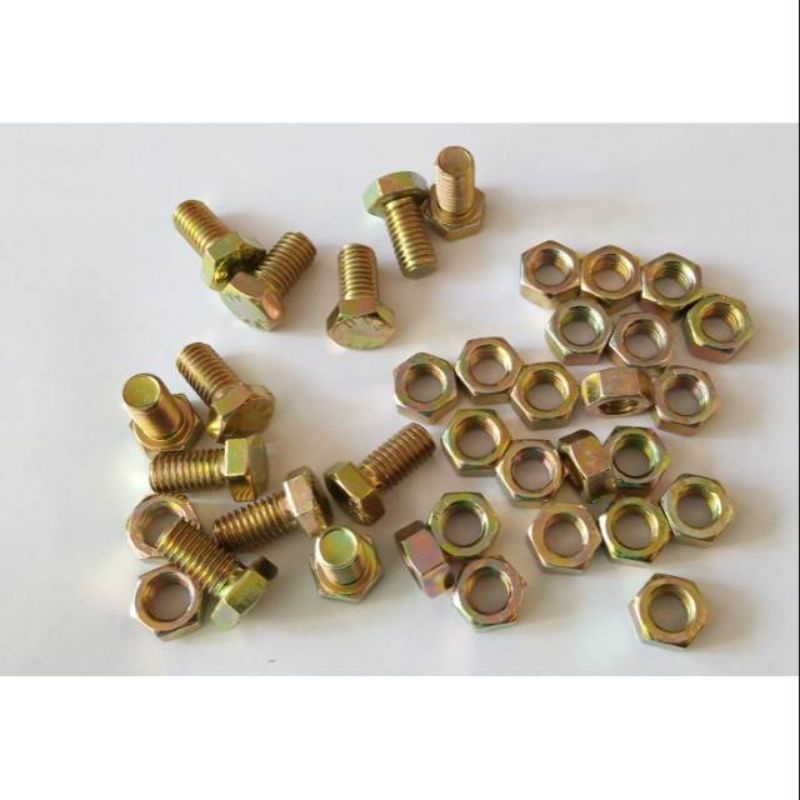 BAUT MUR KUNING GRADE 4.6 HEXAGON BOLT AND NUT 6MM KUNCI 10 BAUT DAN MUR SET