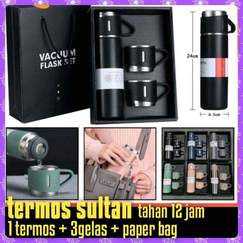 paket termos sultan 3 cangkir bahan bagus. dalam stainless tahan 12 jam