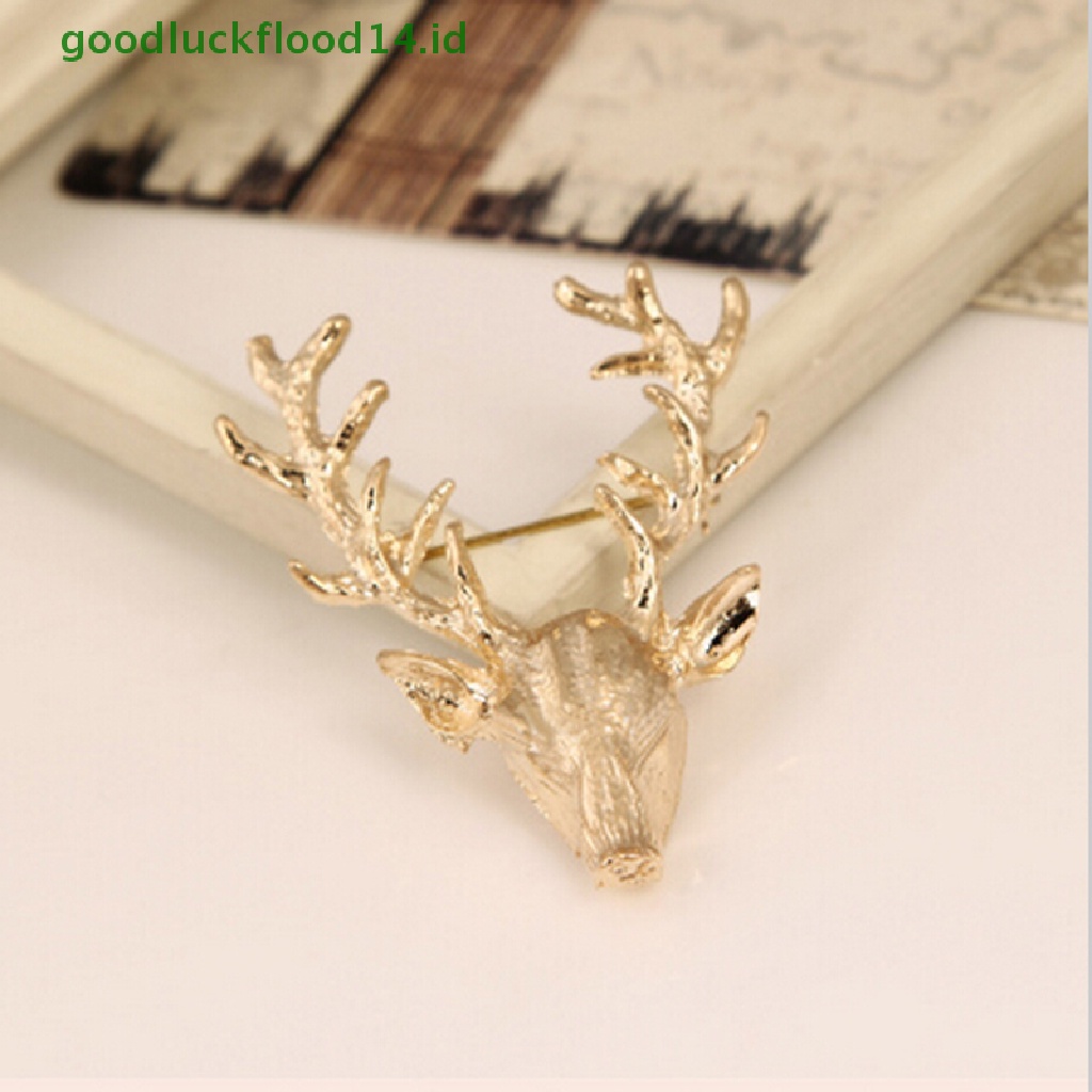 [GOOGFOUR] Unisex Hewan Bros Pin Lucu Berlapis Emas Tanduk Rusa Kepala Kerah Pin Brooch [TOP]