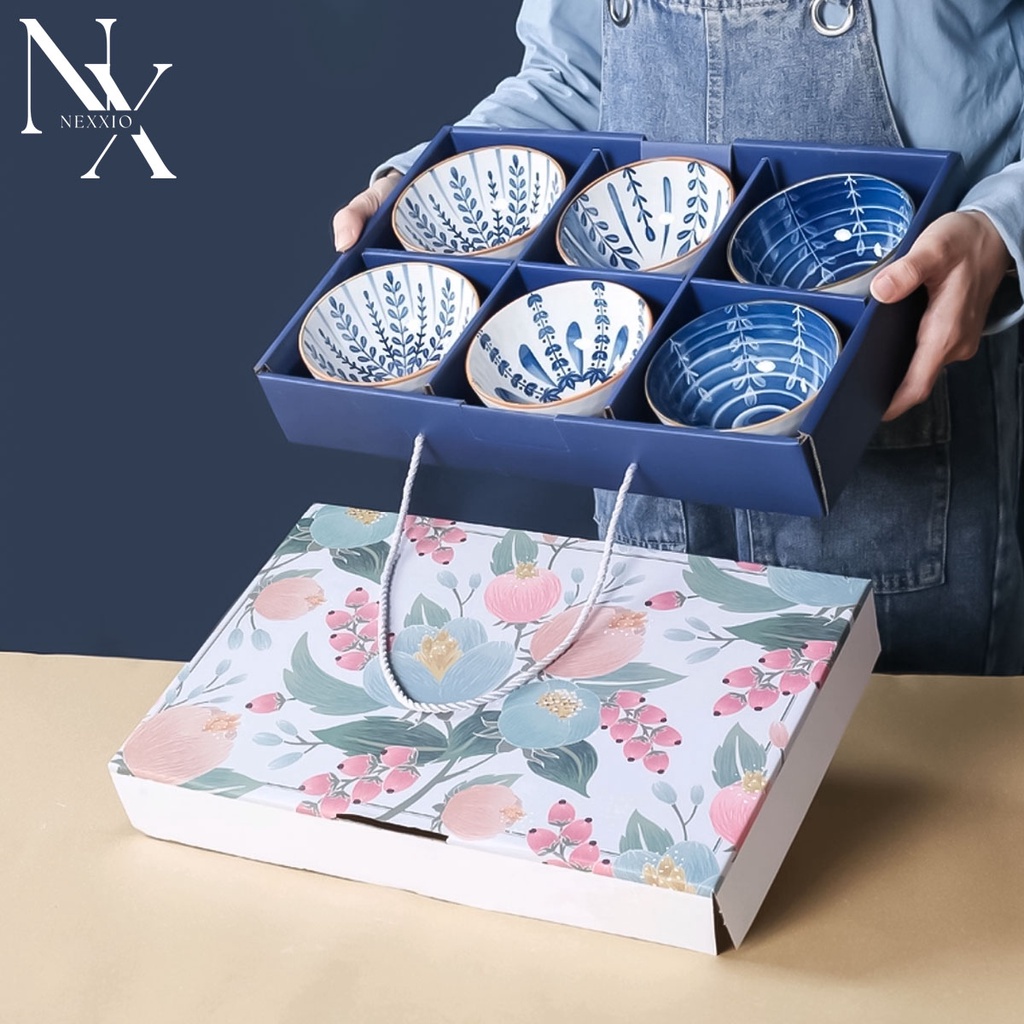 NEXXIO Souvenir mangkok set premium isi 6 peralatan makan porselen biru dan putih mangkuk keramik kotak hadiah mangkok hampers set premium