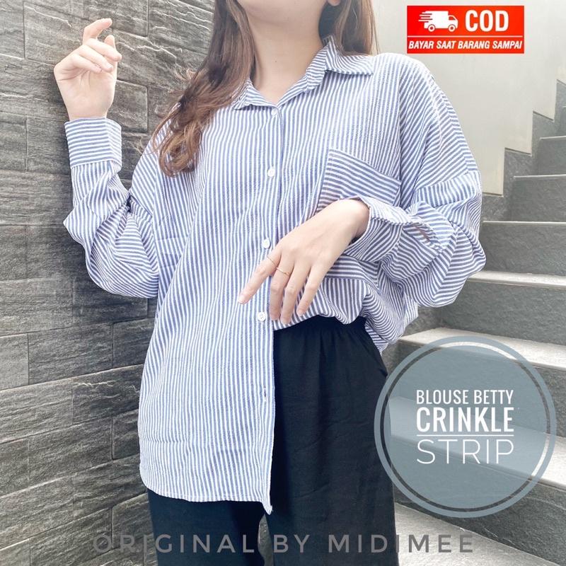 (COD)ATASAN OVERSIZE/KEMEJA JUMBO  BETTY BAHAN CRINKLE STRIP PREMIUM/BLOUSE LENGAN PANJANG SALUR